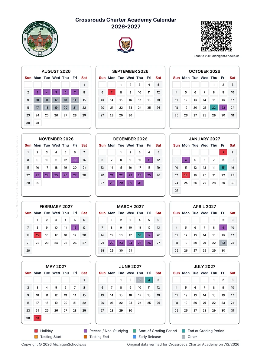 Printable Crossroads Charter Academy school calendar 2026-2027 by MichiganSchools.us