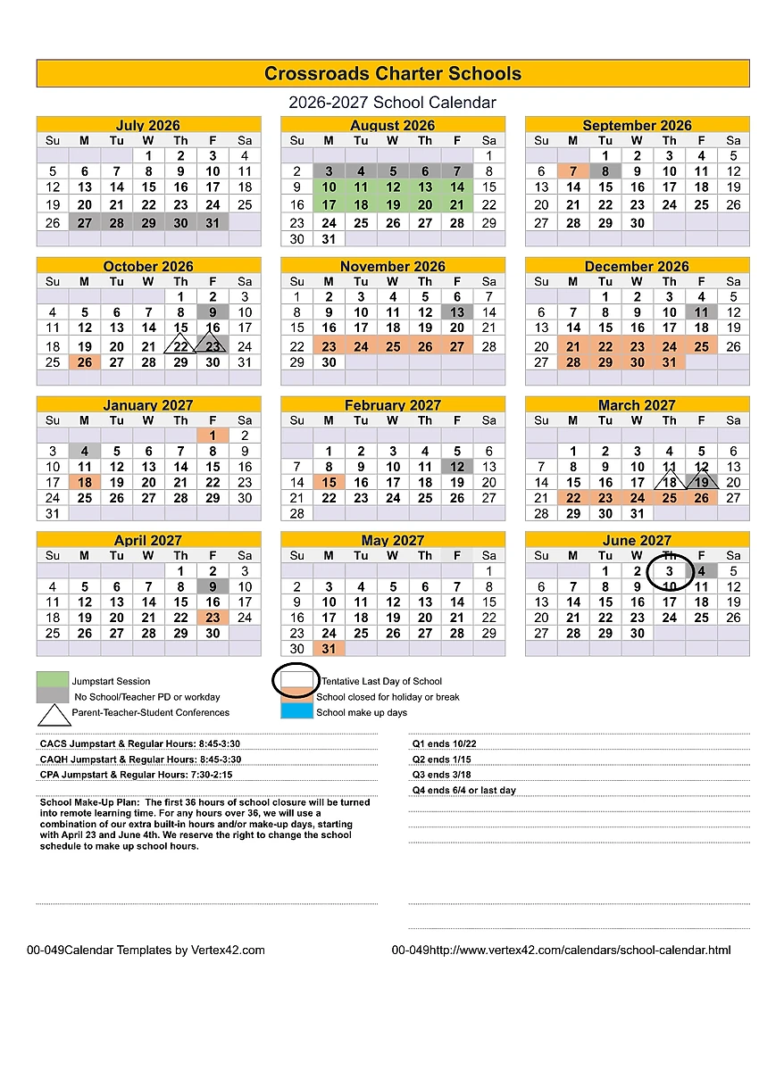 Official Crossroads Charter Academy district school calendar 2026-2027 original PDF preview