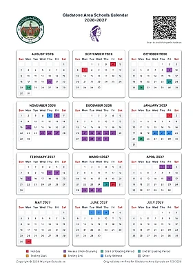 Printable Gladstone Area Schools school calendar 2026-2027 by MichiganSchools.us